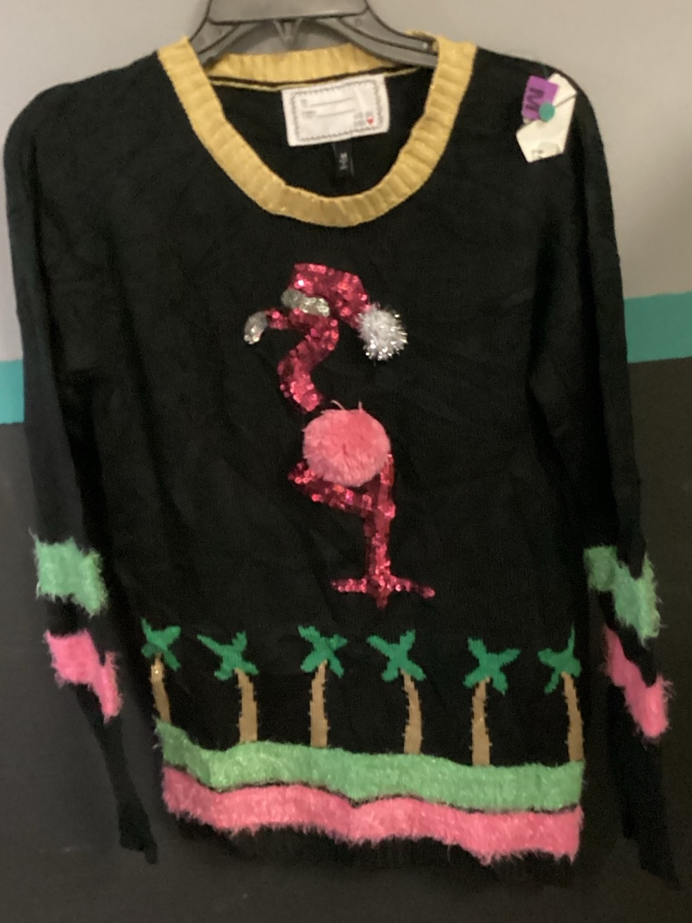 Derek Heart Black Sequin Pink Flamingo Sweater with Gold Trim